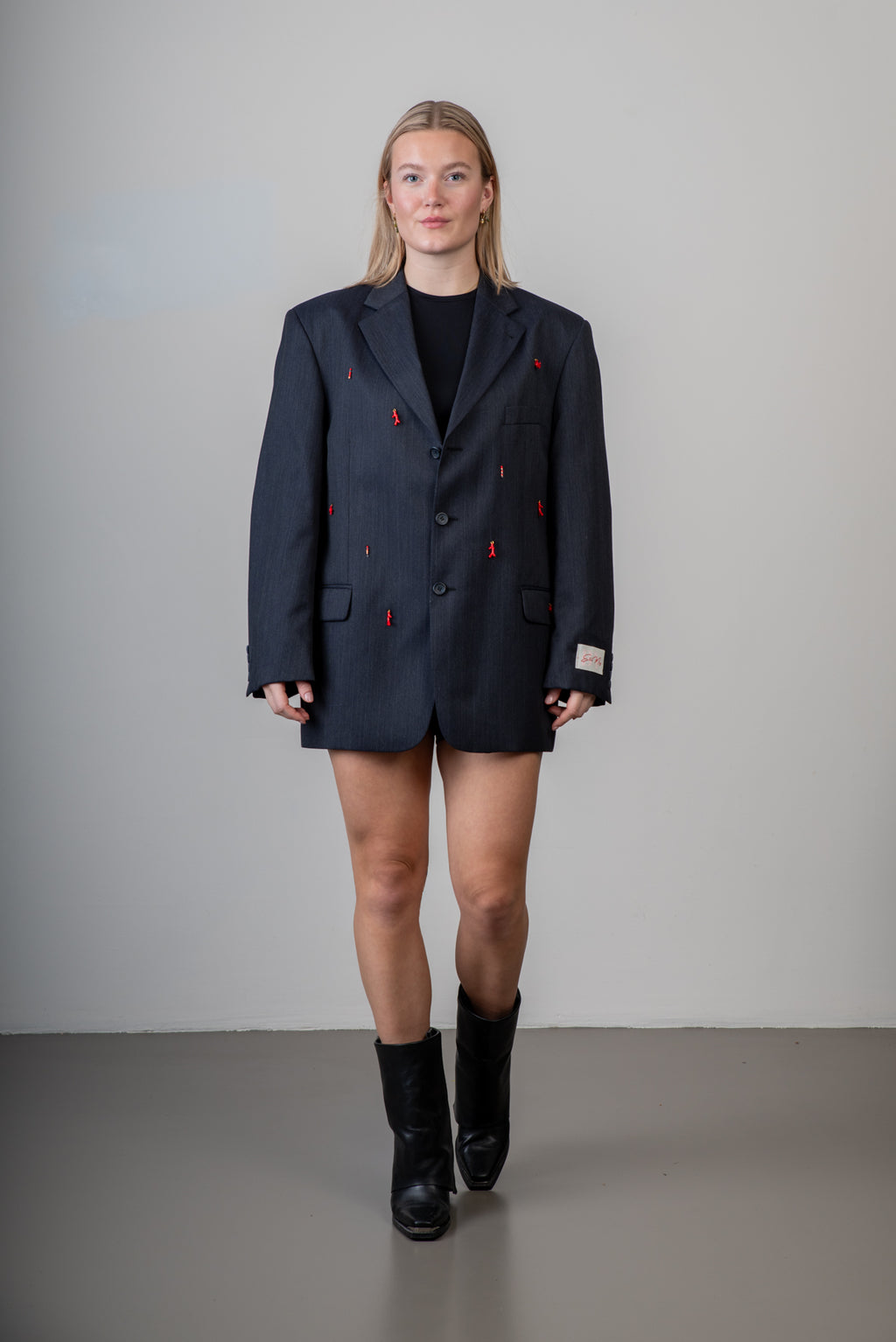 Donkergrijze vintage blazer met kraaltjes